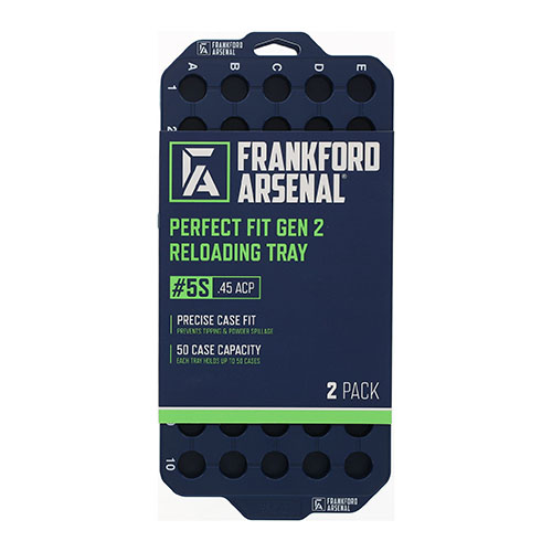 Frankford Arsenal Gen 2 Perfect Fit Reloading Tray gir en presis passform for kalibre, holder 50 patroner per brett, og forbedrer organisering og effektivitet.